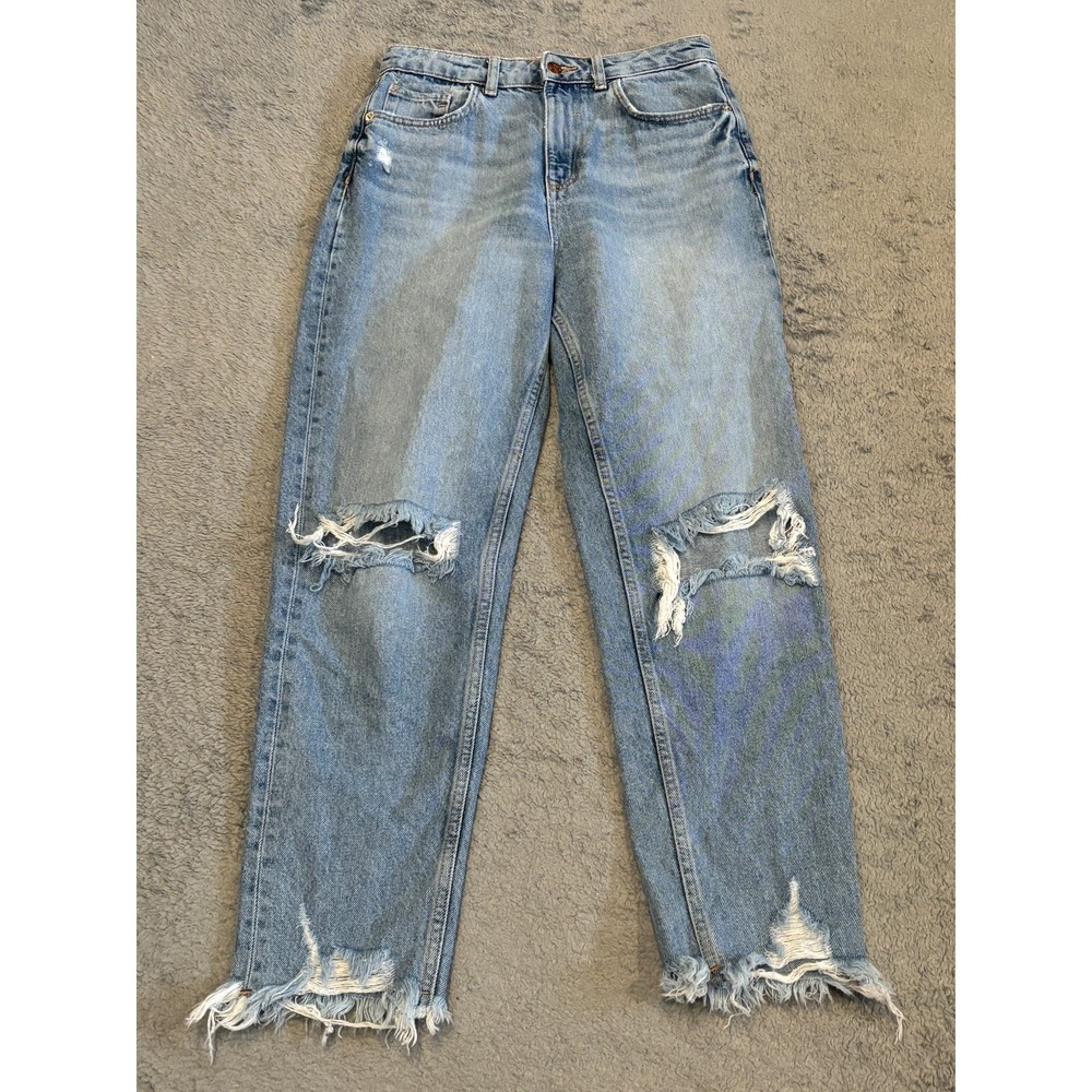 Zara Distressed Light Wash Straight Leg Raw Hem Jeans Size 4